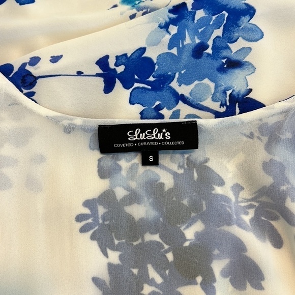 Lulus Paint Me a Picture Ivory Blue Watercolor Floral Garden Wrap Dress Small - Picture 11 of 17